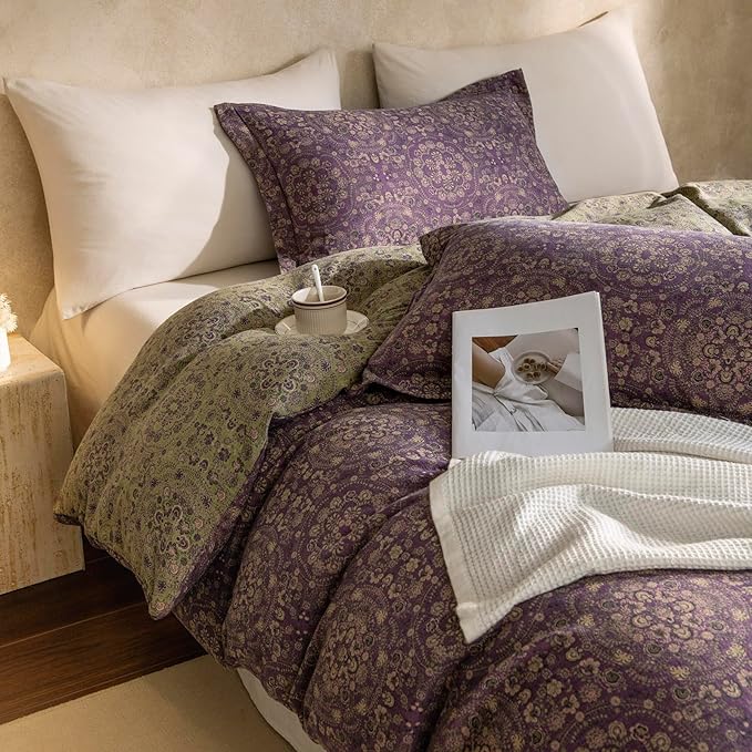 LifeTB Jacquard Retro Flower Duvet Cover Twin Purple Green Floral Duvet Cover Set Jacquard Yarn-Dyed Cotton Boho Medallion Bedding Set Reversible Retro Flower Comforter Cover with Zipper Closure