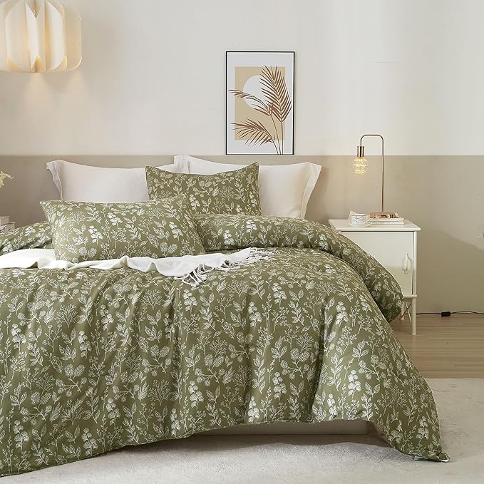 EAVD Fresh Botanical Floral Comforter Set Full Dark Olive Green Soft Microfiber Chic Cute Garden Floral Bedding Comforter Set 1 Full Comforter and 2 Pillowcases Botanical Comforter for All-Season