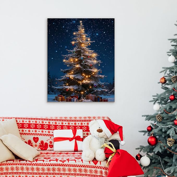 Framed Christmas Pictures Wall Decor,Vintage Pine Tree Prints,Winter Christmas Canvas Wall Art Decoration for Bedroom Bathroom Living Room Rustic Xmas Holiday Gifts (Christmas Tree 13, 24'' X 36'')