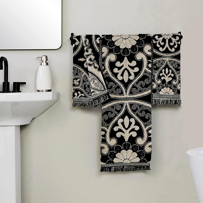 SKL Home Amherst Medallion 100% Cotton Premium 2-Piece Hand Towel Set, 600 GSM, Reversible Jacquard, Soft & Absorbent, Decorative for Bath/Kitchen/Bar & Gift, Black