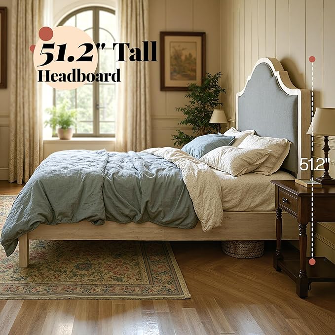 Jocisland King Size Bed Frame with Tall Upholstered Curved Headboard, Solid Wood Platform Bed, No Box Spring Needed, Wood Slat Support, Easy Assembly, White