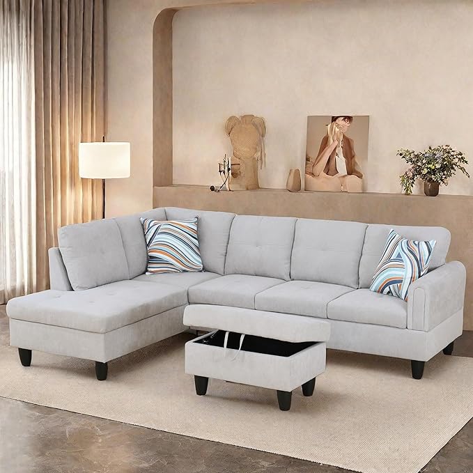 Large Storage Ottoman Sectional Sofa, L-Shaped Couch with Reversible Chaise, Space Saving Design, Gray Fabric with Accent Pillows. (Gray)