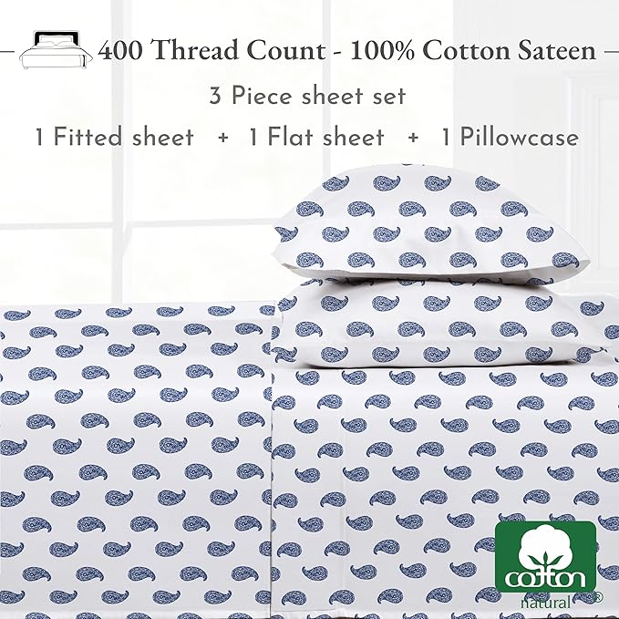 California Design Den Deep Pocket Twin Sheets Set - 400 Thread Count Sateen, Natural 100% Cotton Sheets, Cooling and Durable Bedding Set - Paisley Blue