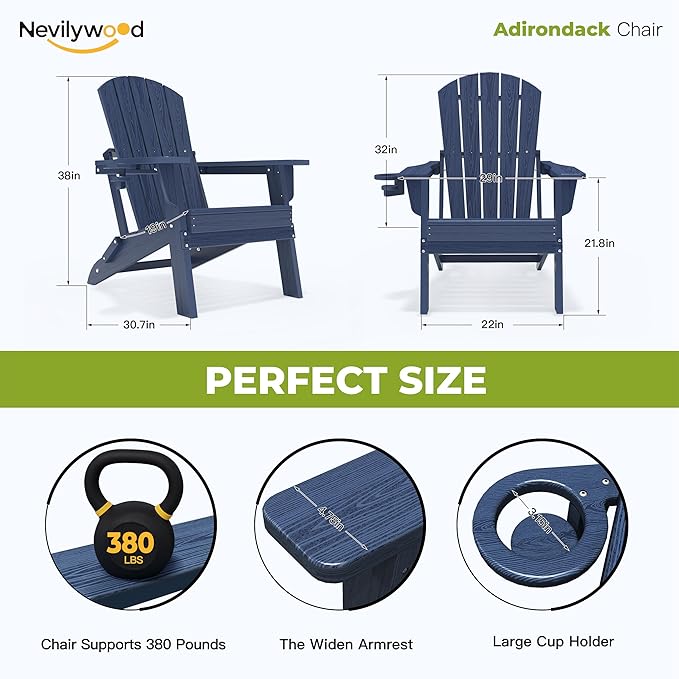 nevilywood Folding Adirondack Chair - Extended Ergonomic Backrest, Cup Holder - Easy Assembly - Durable HDPE Plastic, Weather Resistant & Maintenance-Free - Lawn, Patio, Deck Supports 380lbs NavyBlue