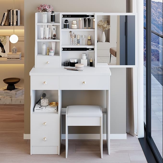 KEIKI Vanity Desk with Mirror & Cushioned Stool, 29.2'' Makeup Dressing Table Set with 5 Drawers for Tiny Bedrooms, Dorms, Apartments, White
