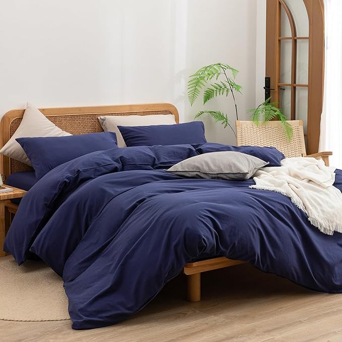 BESTOUCH Duvet Cover Set 100% Washed Cotton Linen Feel Super Soft Comfortable Chic Lightweight 3 PCs Home Bedding Set Solid Navy Blue Queen