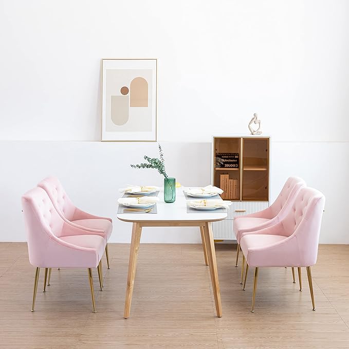 Modern Dining Chairs Set of 2, Mid Century Dining Chairs with 5.12” Cushions and Golden Legs, Velvet Upholstered with Back Pull Rod, for Kitchen, Living Room (Pink)
