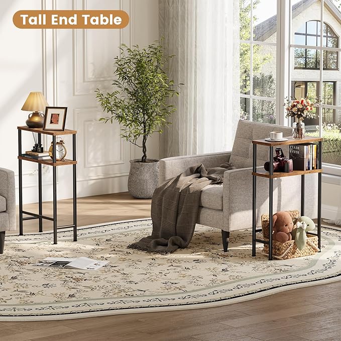 Narrow Console Table Set of 2, Small Entryway Table, 2-Tier Sofa Table with Storage, Skinny Console Tables for Entryway, Hallway, Bedroom, Living Room, Foyer, Rustic Brown