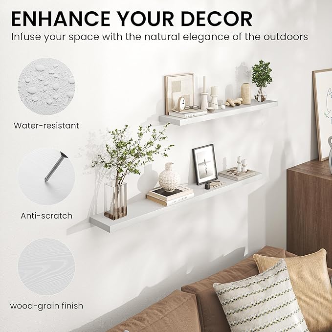 Heimlove 48 Inch Floating Shelves for Wall,Extra Long Wood Shelves Mounted Storage Hanging Shelf Invisible Bracket for Bedroom,Living Room,Kitchen,Office,Set of 2,White