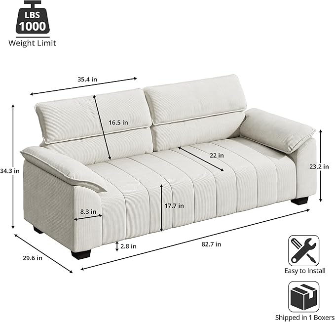 ANCTOR 82.7" Corduroy Sofa, Comfy Couch with Deep Seats, Modern 3 Seater, Oversized Loveseat for Living Room,Office,Apartment Lounge,Easy Assembly, Beige