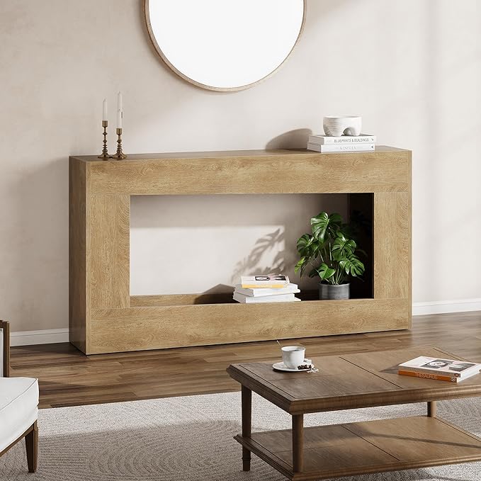 63-Inch Long Console Table, Wood Entryway Table with Storage Shelf, Farmhouse Narrow Sofa Table Behind The Couch for Living Room, Entryway, Hallway (Natural)