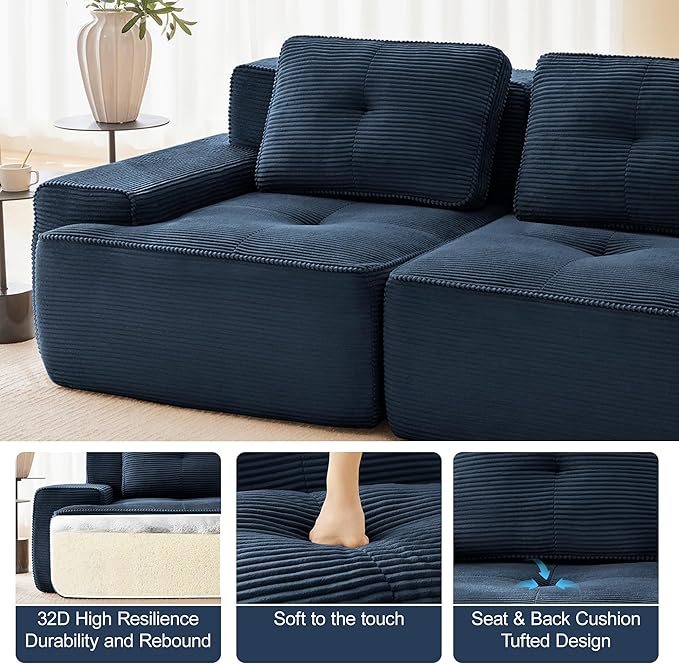 150.4'' Sectional Sofa, 32D Foam Corduroy Boneless Couch with Pillow, Deep Seat Wide Arm Sectional L Shaped Couch for Living Room, Apartment, Bedroom