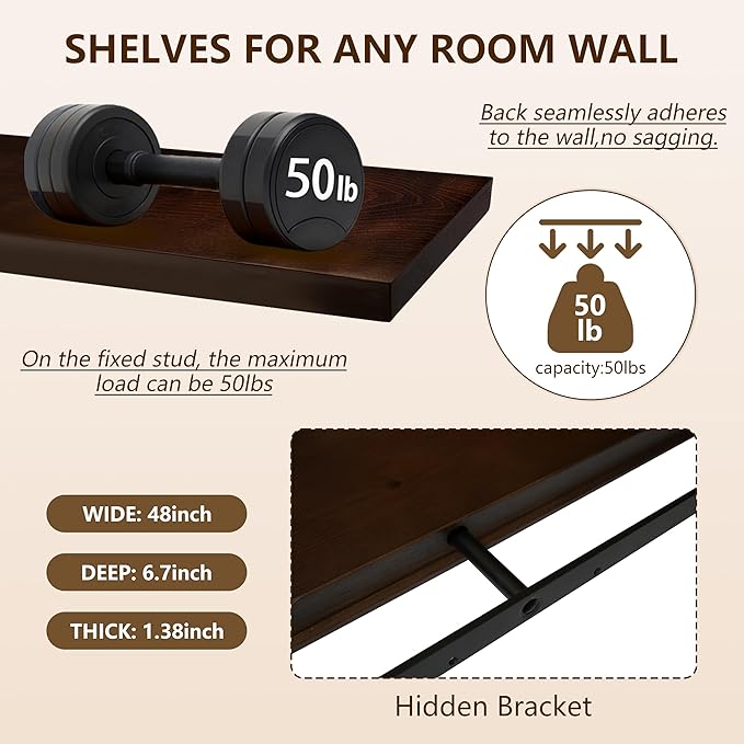 foxsky 48 Inch Solid Pine Wood Floating Shelves for Wall with Hidden Brackets, Rustic Farmhouse Wall Mounted Shelf for Bathroom, Living Room, Bedroom, Kitchen, Office Decor (Walnut)