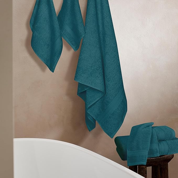BOUTIQUO 6 Pack Cotton Towel Set, Contains 2 Bath Towels 27x54 inch, 2 Hand Towels 16x24 inch & 2 Wash Coths 12x12 inch, Ideal Everyday use, Ultra Soft Compact & Lightweight - Teal
