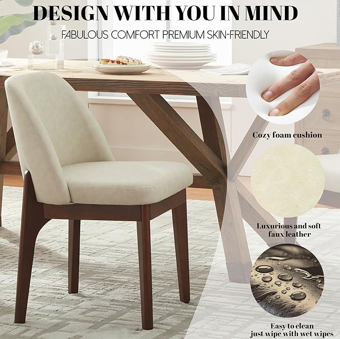 VKNOW Modern Dining Chairs Set of 4, Faux Leather Kitchen Chairs with Wood Legs, Upholstered Side Chair for Kitchen Dining Room, Beige