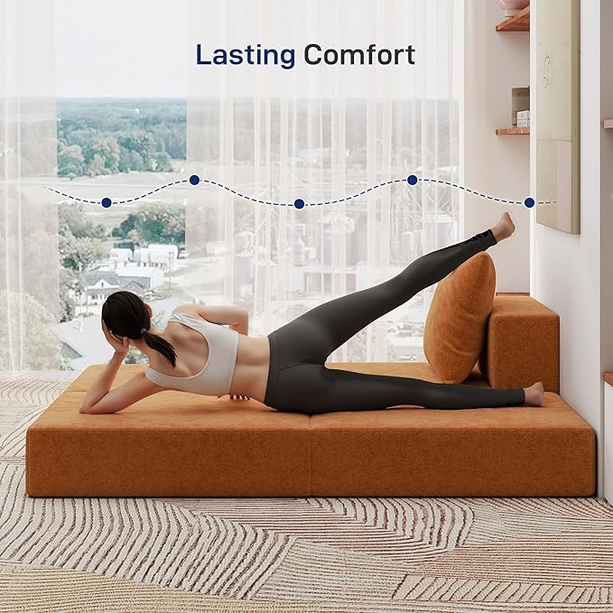 Living&Giving Cloud Sectional Couch for Living Room, Modular Boneless Couch with 1 Ottoman, Middle-seat Can Be Combined with Modular Sofa, Customizable Layout for Any Space, Orange