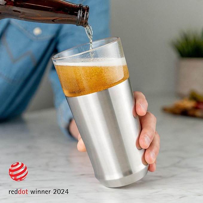 Elevated Craft Hybrid Vacuum Insulated Stainless Steel Base with Removable Pint Glass Insert, Ideal Insulation for Beers & Cold Beverages with Built-in Bottle Opener, Durable & Stylish, Steel (16 oz)