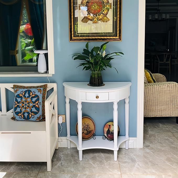 Solid Wood Console Table with Drawer, Semi-Circle Entryway Storage Shelf, Half-Moon Porch Table Side Elegant Vintage Sofa for Living Room (White (35.4" L x 15.0" W x 34.4" H))