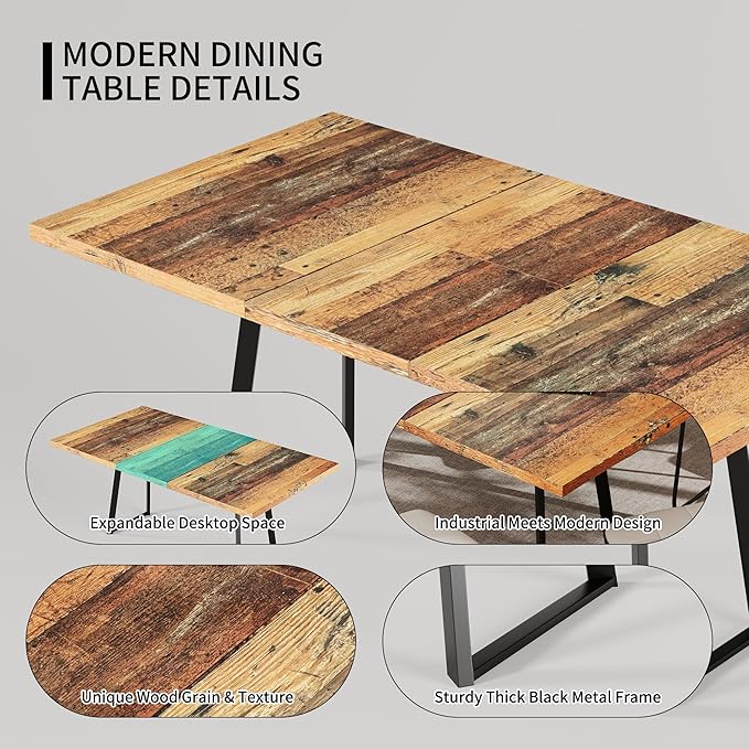 ZckyCine Extendable Dining Table Set 47"-63", Rustic Wood Table with 6 PU Leather Chairs, Modern Scandinavian Dining Room Furniture for Kitchen Apartment