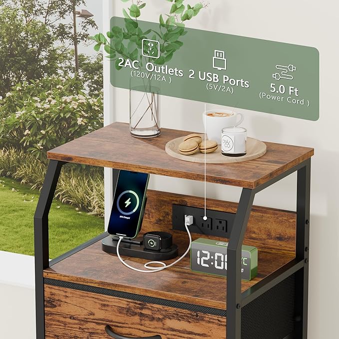 Furnulem Night Stand Set of 2, 28.3 Inch Bedside Table with Charging Station, 3 Fabric Drawers Side Table with Wood Shelf, End Table with USB Ports & Outlets for Bedroom, 3 Ways to Use, Rustic Brown