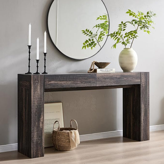 OKD Modern Entryway Console Table, Sofa Table with Drawers, 63" Long Hall Table Behind Couch, Thick Wood Design for Living Room, Hallway - Dark Rustic Oak