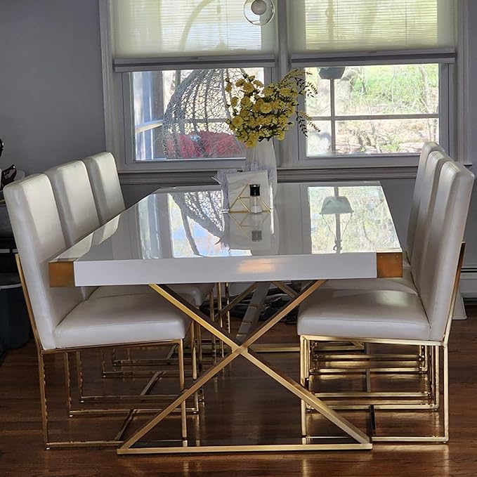 AUZ Dining Chairs Set of 4, White Faux Leather Mid Century Modern Chairs with Gold Stainless Steel Sled Legs