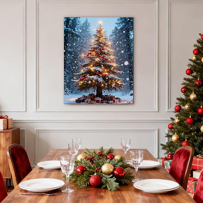 Framed Christmas Pictures Wall Decor,Vintage Pine Tree Prints,Winter Christmas Canvas Wall Art Decoration for Bedroom Bathroom Living Room Rustic Xmas Holiday Gifts (Christmas Tree 16, 16'' X 24'')