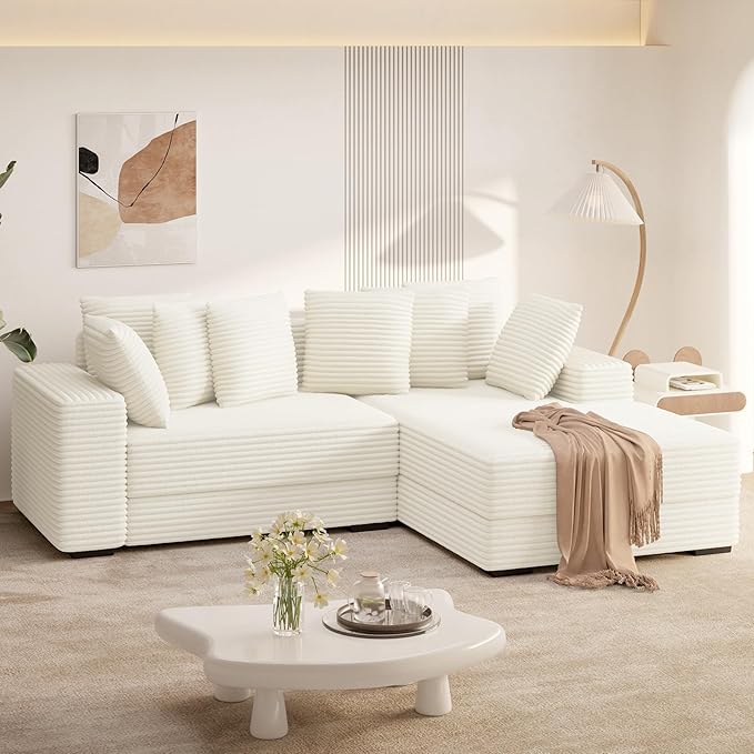 111'' Modern Sectional Cloud Sofa with Chaise, Extra Large Sleeper Couches Corduroy with 8pcs Pillows for Living Room, Bedroom