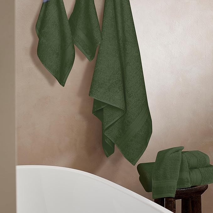 BOUTIQUO 6 Pack Cotton Towel Set, Contains 2 Bath Towels 27x54 inch, 2 Hand Towels 16x24 inch & 2 Wash Coths 12x12 inch, Ideal Everyday use, Ultra Soft Compact & Lightweight - Olive Green