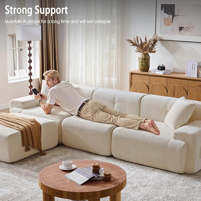 LIDYUK 118" Modern L-Shaped Boneless Couch Modular Sectional Sofa for Living Room, Chenille Upholstery Beige, Oversized 3-Seater Sectional Couch with Deep Seat and Movable Ottoman, No Assembly