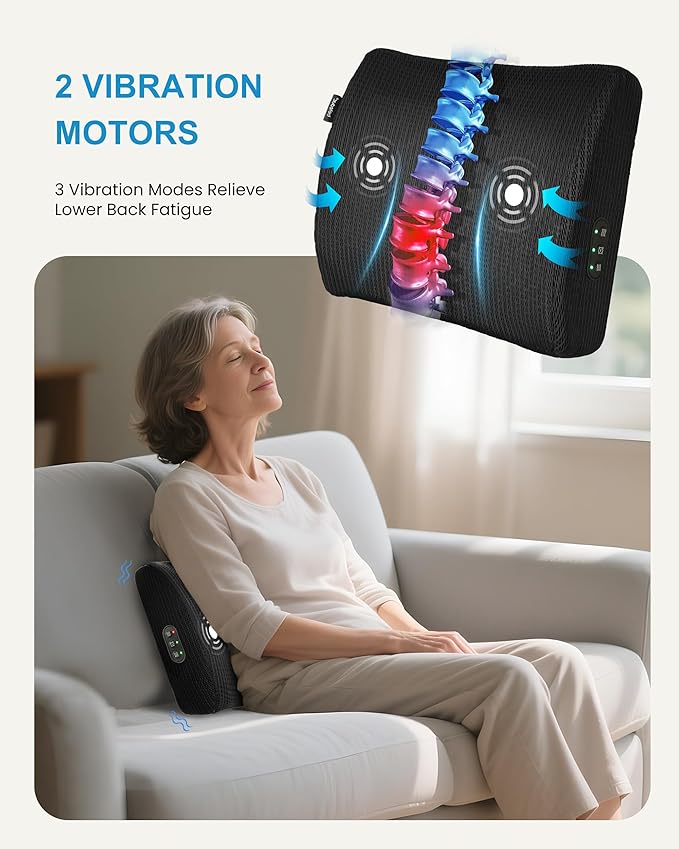 Beleduc Lumbar Support Pillow for Office Chair - Heated Back Support Pillow with Vibration Massage, Ergonomic Back Massager for Chair, Adjustable Vibration, 2 Heat Levels, Gifts