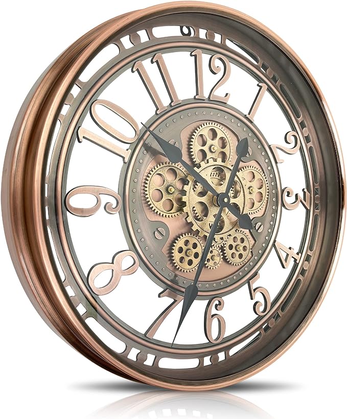 DORBOKER Real Moving Gears Wall Clock Large Modern Metal Clocks for Living Room Decor, Industrial Steampunk Unique Vintage Rustic Decorative Clock for Home Farmhouse Office, 30 Inch Red Copper Arabic