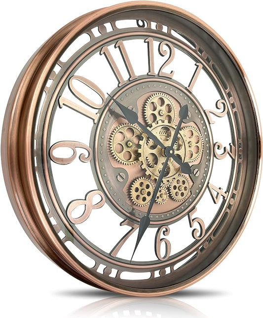 DORBOKER Real Moving Gears Wall Clock Large Modern Metal Clocks for Living Room Decor, Industrial Steampunk Unique Vintage Rustic Decorative Clock for Home Farmhouse Office, 30 Inch Red Copper Arabic