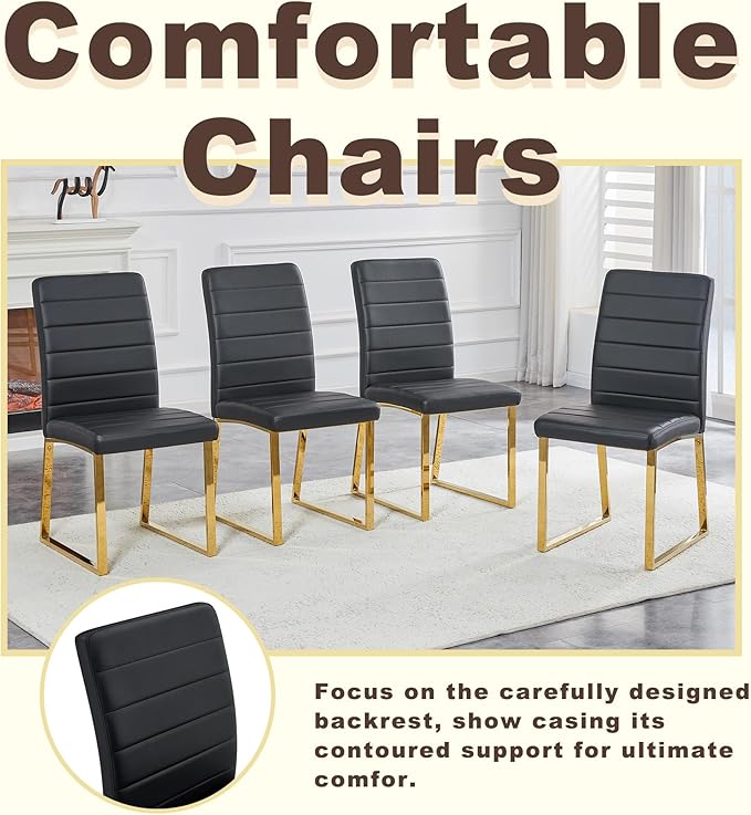 Modern Dining Chairs Set of 6, White Faux Leather Kitchen Chairs, Upholstered Armless Dining Room Chair with Gold Mental Legs Heavy Duty, Comfortable (Black and Gold, Set of 6)
