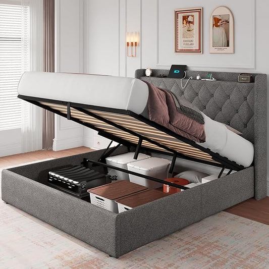 iPormis Queen Size Lift Up Storage Bed Frame with Charging Station, Upholstered Platform Bed Frame with Tufted Headboard, Hydraulic Storage, No Box Spring Needed, Noise-Free, Easy Assembly, light Grey
