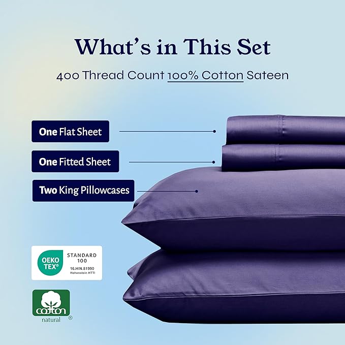California Design Den King Size Sheets Set - 400 Thread Count Sateen, Natural 100% Cotton Sheets with Deep Pockets, Breathable, Cooling and Durable Bedding Set - Purple