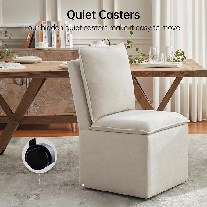 VKNOW Upholstered Dining Chairs Set of 2, Modern Rolling Chairs with Storage and Wheels, Linen Armless Chair with Cushion and Backrest, Dining Room Chairs for Living Room Kitchen Bedroom, Beige