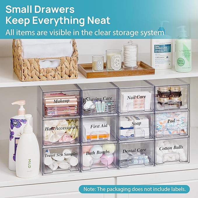 Vtopmart 8 Pack Small Clear Stackable Storage Drawers,Acrylic Bathroom Makeup Organizer,Plastic Storage Bins For Vanity, Undersink, Kitchen Cabinets, Pantry, Home Organization
