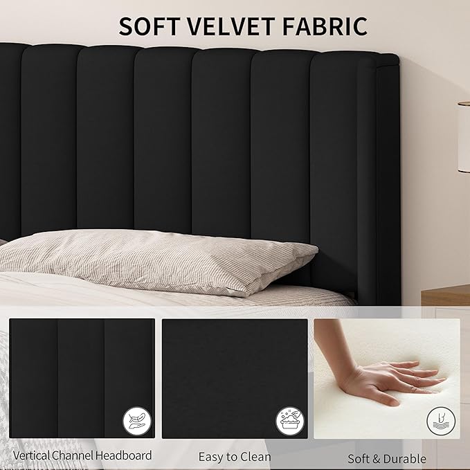 Twin Size Upholstered Platform Bed Frame with Modern Wingback & Vertical Panel Headboard, Linen Fabric, Wooden Legs & Slats Support, No Box Spring Needed, Noise-Free & Easy Assembly, Black