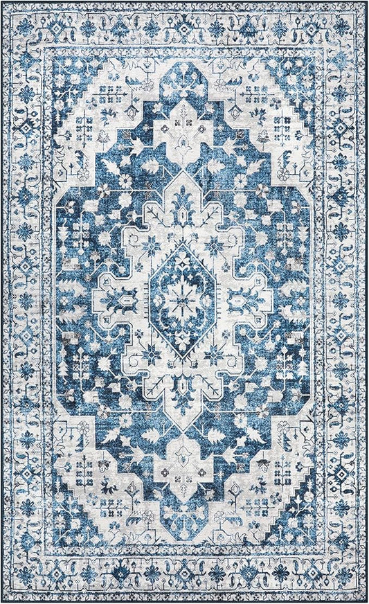 Moynesa Ultra-Thin Washable Area Rug - 3x5 Blue Kitchen Rugs Washable Rugs for Entryway Non Slip Front Door Mat, Non Shedding Low Pile Lightweight Indoor Carpet for Dorm Basement Foyer Living Room