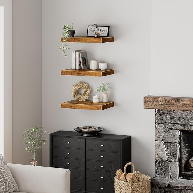 QEEIG 12" Deep Floating Shelves for Wall - 12 x 16 inch Book Shelf Bathroom Bedroom Kitchen Living Room Hanging Bookshelf Farmhouse Set of 3, Brown (026-40BN3)