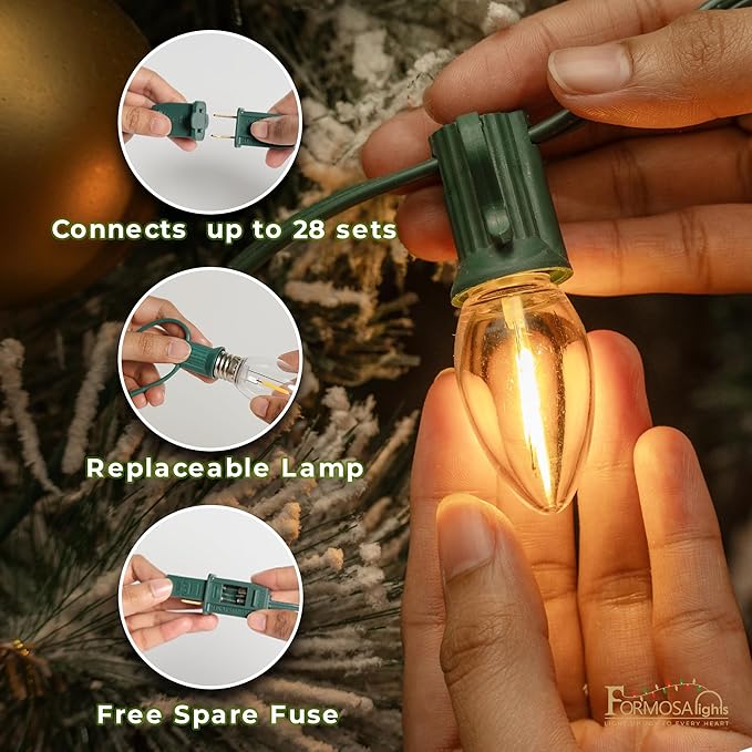 C7 26ft Indoor/Outdoor Clear LED Christmas String Lights with 25 Bulbs and E12 Base | 120V, 0.6W