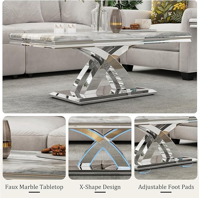 AUZ Silver Coffee Table Set of 2, Living Room Table Set with X- Shape Design Polished Stainless Steel Frame