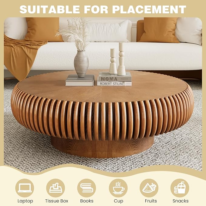 Fluted Round Coffee Table for Living Room 39.37" Modern Drum Coffee Table Mid Century Handcrafted Circle Wood Center Tables with Pedestal for Small Space Apartment (Brown)