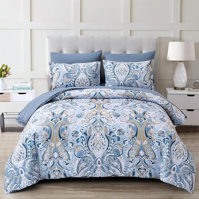 Drucon Blue Paisley Comforter Set King, 7 Pieces Bed in a Bag Boho Comforter Soft Microfiber Blue Paisley Bedding(1 Comforter, 1 Flat Sheet, 1 Fitted Sheet, 2 Pillow Shams, 2 Pillowcases)