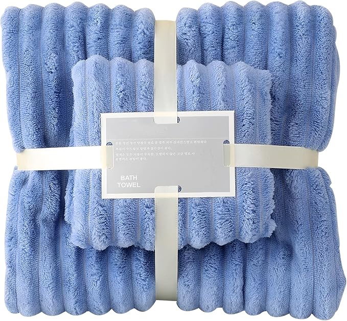 Coral Fleece Towel and Bath Towel Set Extra Thick Absorbent Wave Pattern 2 Piece Set for Home Spa and Travel Soft and Quick Drying (Blue)