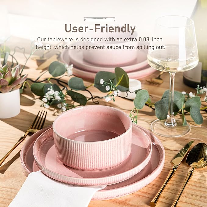 GBHOME Stoneware Dinnerware Sets for 4,Round Reactive Glaze Ceramic Plates and Bowls Set,Highly Scratch Resistant | Dishwasher & Microwave Safe Dishes Set,Service for 4(12Pcs),Pink