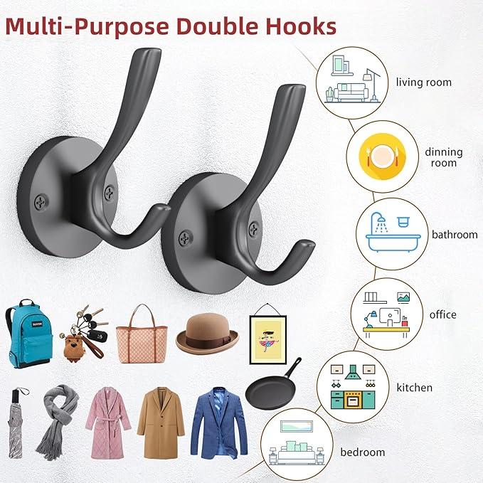 ZUONAI Black Coat Hooks 4 Pack Matte Black Hooks for Hanging Coats and Hat Hook Door Towel Hooks for Bathrooms Wall Mounted Double Metal Robe Hook Kitchen Hanger Sturdy Coat Locker Single