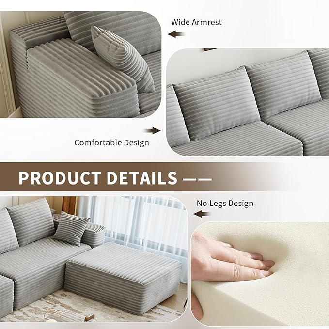 135.4" Cloud Modular Sectional Sofa with 1 Ottoman,Modern Minimalist Upholstered Couches, Comfort U Shaped Sofa for Living Room,Deep Seat Corner Couch，No Assembly Required (Grey,Left Facing Chaise)