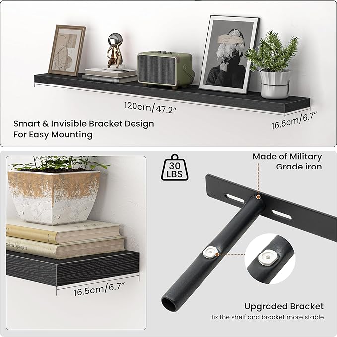 Heimlove 48 Inch Floating Shelves for Wall,Extra Long Wood Shelves Mounted Storage Hanging Shelf Invisible Bracket for Bedroom,Living Room,Kitchen,Office,Set of 2,Black